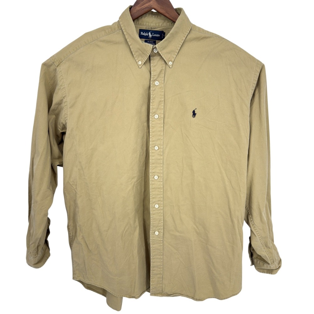 Ralph Lauren Button Down Shirt Mens XL Tan Blaire Cotton Long Sleeve Khaki Pony